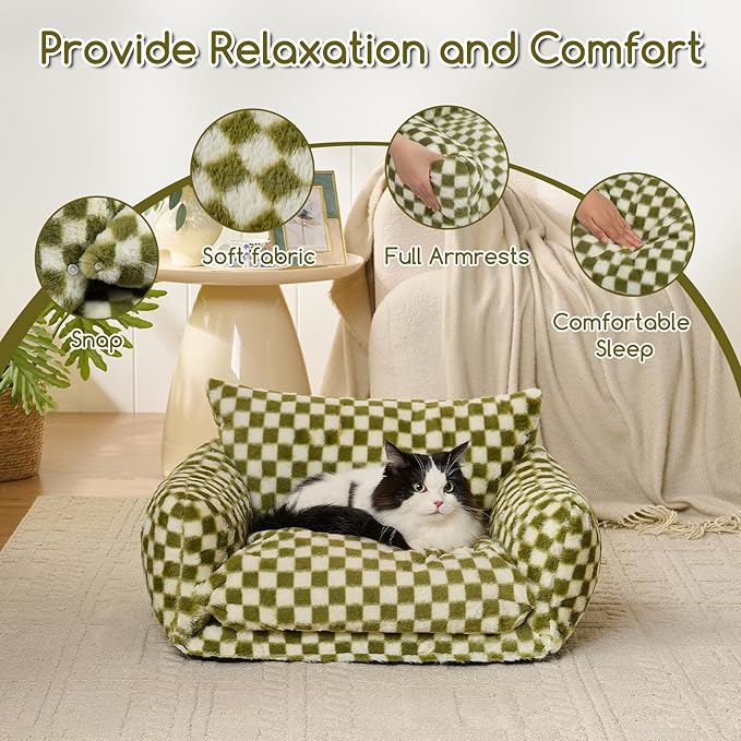 Hollypet Cat Bed Fluffy Plush Mutifuctional Double-Layer Soft Pet Couch Orthopedic Sofa Nest Beds for Small Cats and Dogs, Green and White (25x20x13 inch)