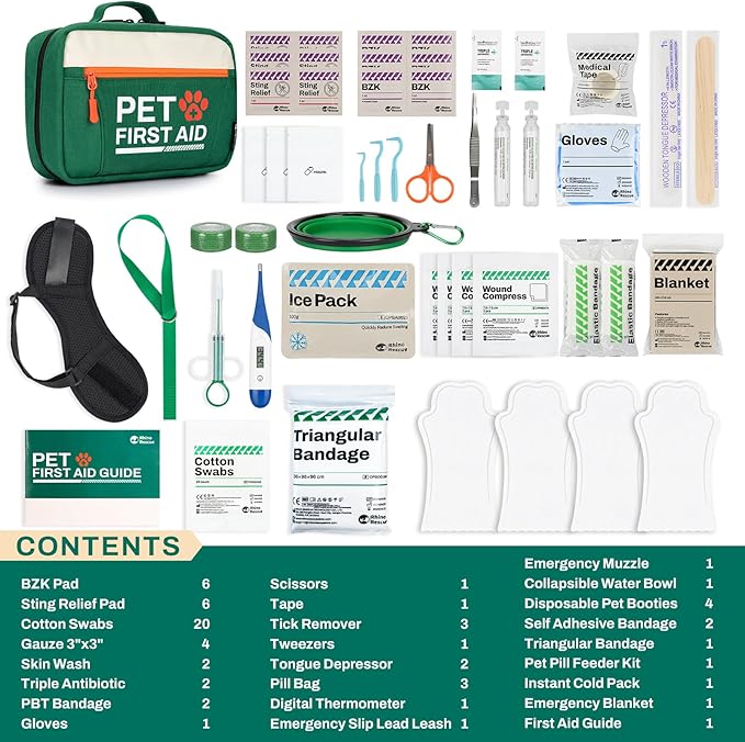 RHINO RESCUE Pet First Aid Kit, Emergency Medical Supplies for Dogs & Cats, Safety Essentials Pack with Thermometer, Disposable Booties for Home, Hiking, Traveling & Camping