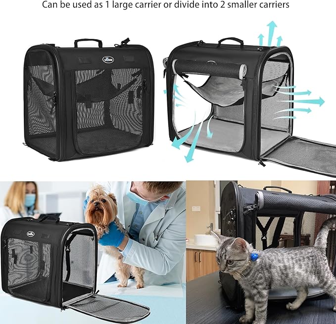 Portable 2-in-1 Pet Carrier for Medium Dogs Large Cat Carrier for 2 Cats Travel Double Dog Crate Set with Portable Carry Bag/Hammocks/Mats/Tent Stakes/2 Pcs Pet Bowls for Outdoor Camping