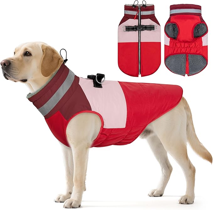 Dog Coats for Large Dogs, Reflective Dog Winter Coat Waterproof Windproof Clothes, Warm Cold Weather Dogs Jacket with Harness Built in Turtleneck Snowsuit, Red XXX-Large