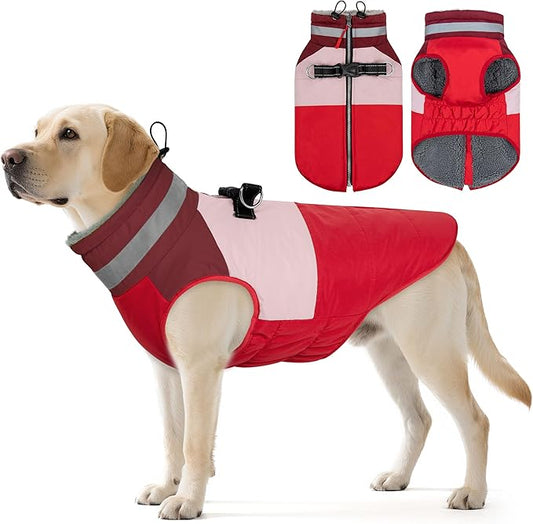 Dog Coats for Large Dogs, Reflective Dog Winter Coat Waterproof Windproof Clothes, Warm Cold Weather Dogs Jacket with Harness Built in Turtleneck Snowsuit, Red XXX-Large