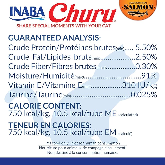 INABA Salmon Churu Cat Treats, Lickable, Squeezable Creamy Purée Cat Treat with Green Tea Extract & Taurine, 0.5 Ounces Each Tube, 24 Tubes (4 per Pack), Salmon with Chicken Recipe