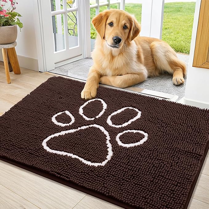 Smiry Dog Door Mat for Muddy Paws, Absorbent Dirt Trapper Non Slip Quick Dry Washable Chenille Mat for Mud Dogs, Entry Rug for Indoor and Outdoor (36x24 Inches, Brown and White)