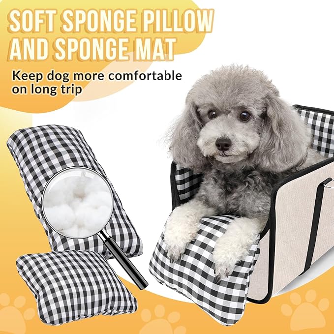 SlowTon Console Dog Car Seat - Portable Dogs Armrest Booster Seat for Small Dog, Anti-Collapse Pet Car Seat with Soft Cushion Safety Belt, Support Pet Up to 11lbs (Beige)