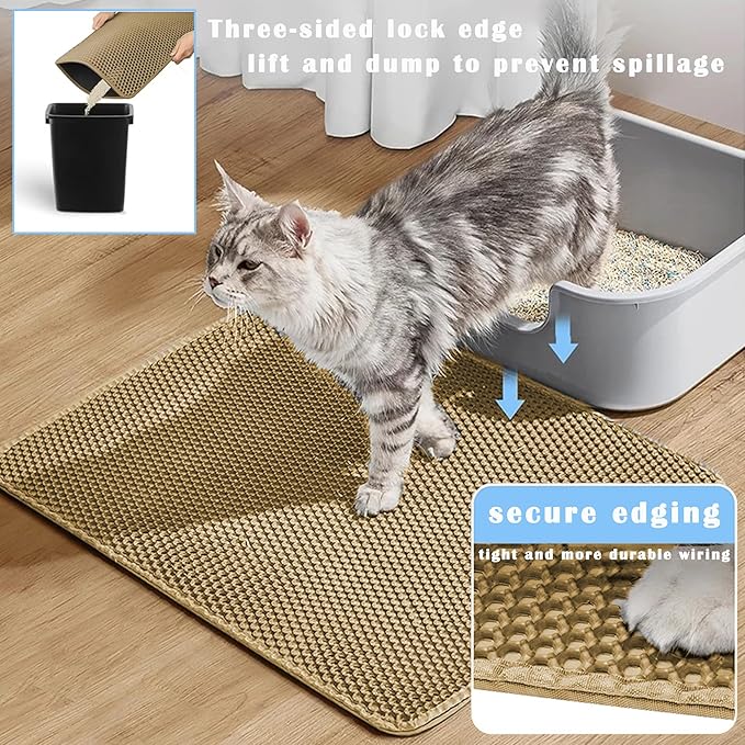 HCY&WLD 2-Pack Cat Litter Mat, Double Layer Honeycomb Waterproof Urine Proof Non-slip Litter Trapping Mat, Less Waste, Easy to Clean Cat Litter Box Mat, Kitty Indoor Supplies (Khaki, 24x18 Inches)