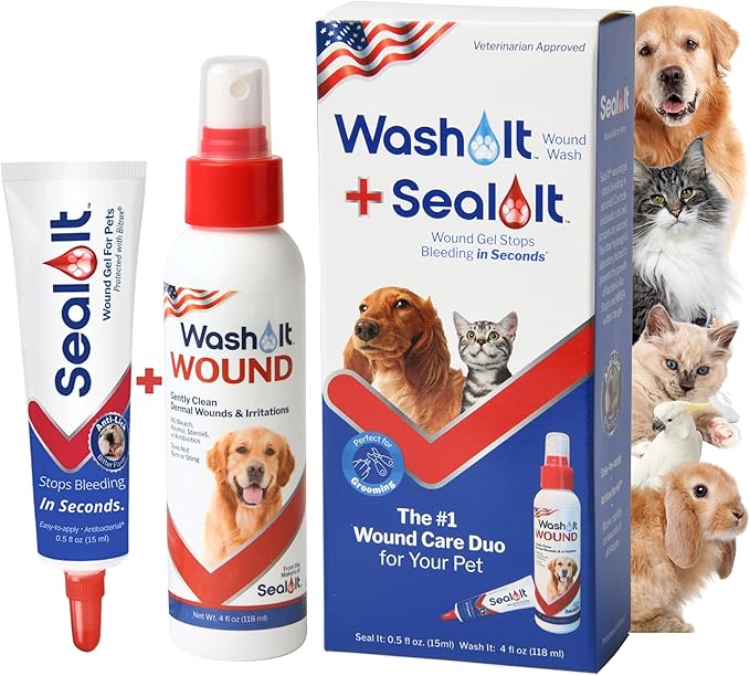 Dog Wound Care Gel & Wash Duo Pack | Styptic Powder Alternative for Dogs & Cats - Quick Stop Bleeding for Cuts (15ml) | Wash It Wound Wash for Dogs & All Pets/Animals to Gently Cleanse Wounds (4oz)