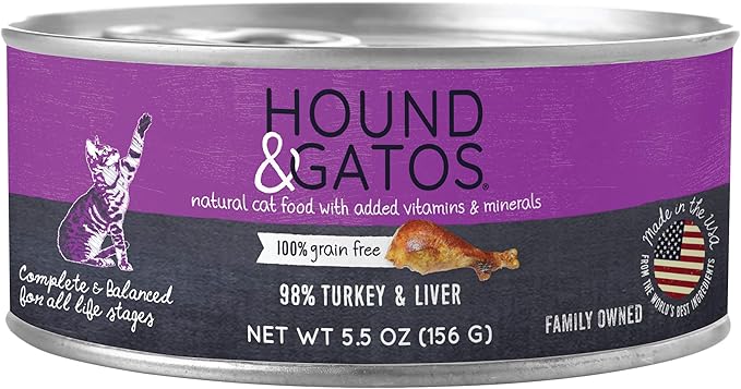 Hound & Gatos Wet Cat Food, 98% Turkey & Liver, Grain Free Pate Cat Food, Real Meat, High Protein, Limited Ingredients, No Additives, 5.5 oz. Cans (Pack of 24)