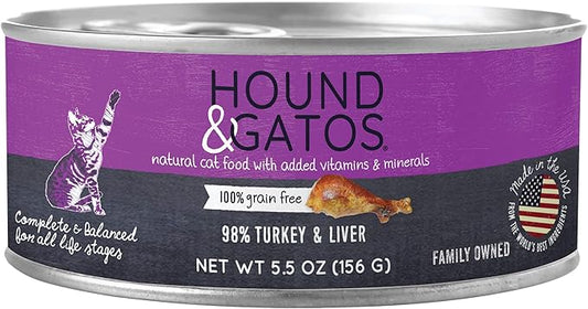 Hound & Gatos Wet Cat Food, 98% Turkey & Liver, Grain Free Pate Cat Food, Real Meat, High Protein, Limited Ingredients, No Additives, 5.5 oz. Cans (Pack of 24)