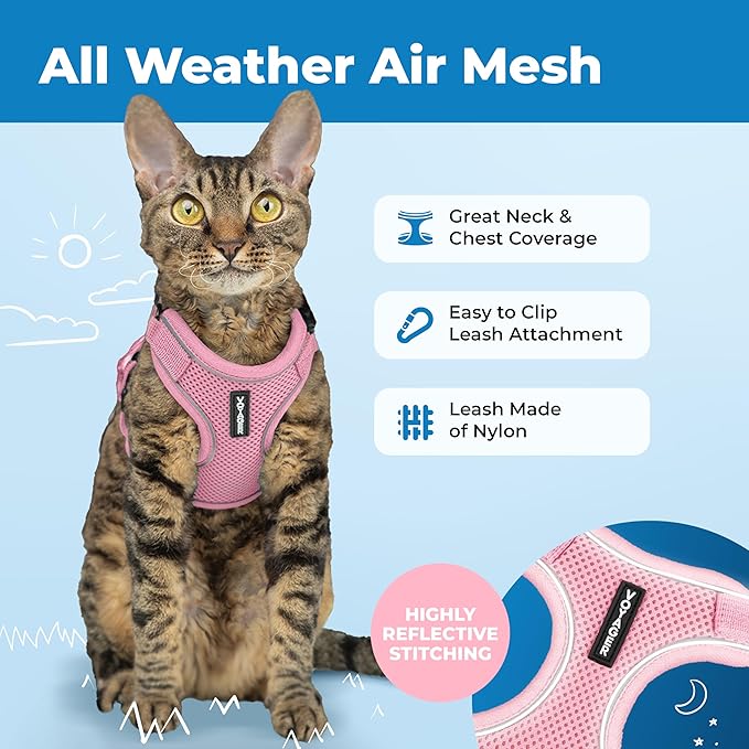Voyager Escape Proof Cat Harness and Leash Set with Reflective Stitching, Neoprene Handle 5ft - Supports Small, Medium and Large Cats, Kittens for Walking by Best Pet Supplies - Pink, S