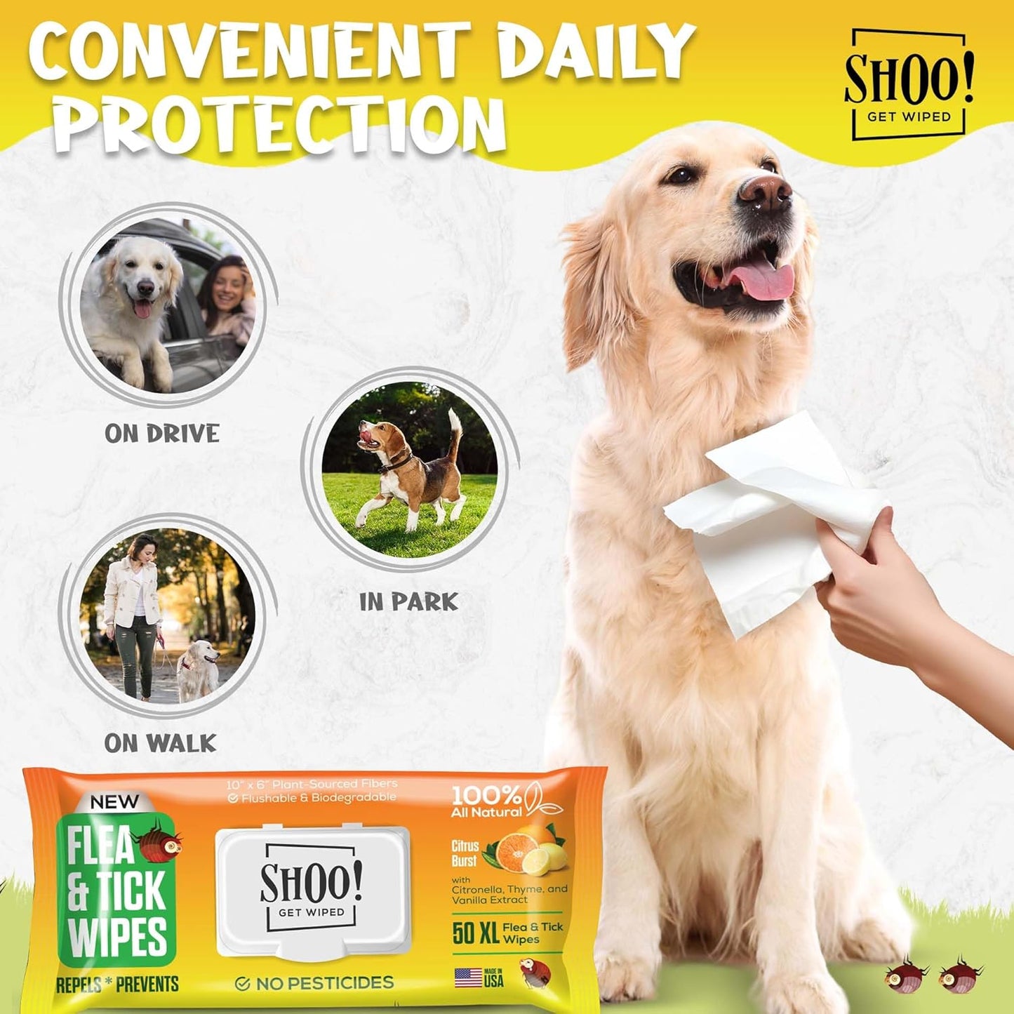Shoo! Flea & Tick Wipes for Dogs | Convenient, Easy On-The-Go Protection | Plant Based, Natural Oils, Chemical Free | Repels & Prevents | 50 XL Wipes | (Citrus Burst)