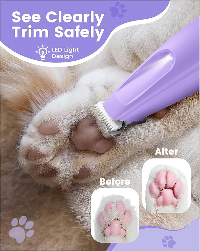 Dog Paw Trimmer with LED Light, 35dB Low Noise Paw Trimmers for Dog's Feet, 2 Speed Safety Electric Dog Clippers for Grooming, Rechargeable Cat Shaver for Paws, Ears, Face, Rump