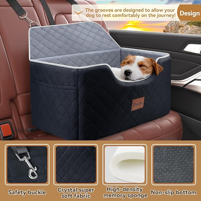 Dog Car Seat for Large-Medium Dogs: Pet Car Seat, Detachable Washable Dog Booster Seat, Pet Travel Bed with Storage Pockets and Dogs Safety Belt (Black, Large)
