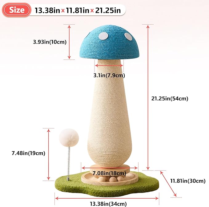 21.5‘’ H Cat Scratching Post with Catnip,Cute Mushroom Cat Scratcher Post with Durable Natural Solid Wood Turntable Toy, Sky Blue Mushroom Shape Design Cat Toy Cat Sisal Scratcher for Indoor Cats