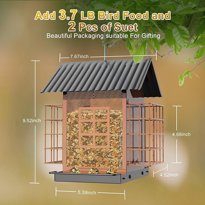 Bird Feeders for Outdoors Hanging, Metal Bird Feeder with Double Suet Cage Cake, Large Capacity, Birdfeeders Sturdy & Weatherproof, Easy to Clean & Refill, Great for Attracting Wild Birds