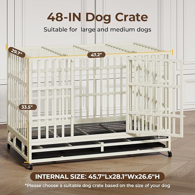48 Inch Heavy Duty Dog Crate Steel Escape Proof, Indoor Double Door High Anxiety Cage Removable Tray, Extra Large,White