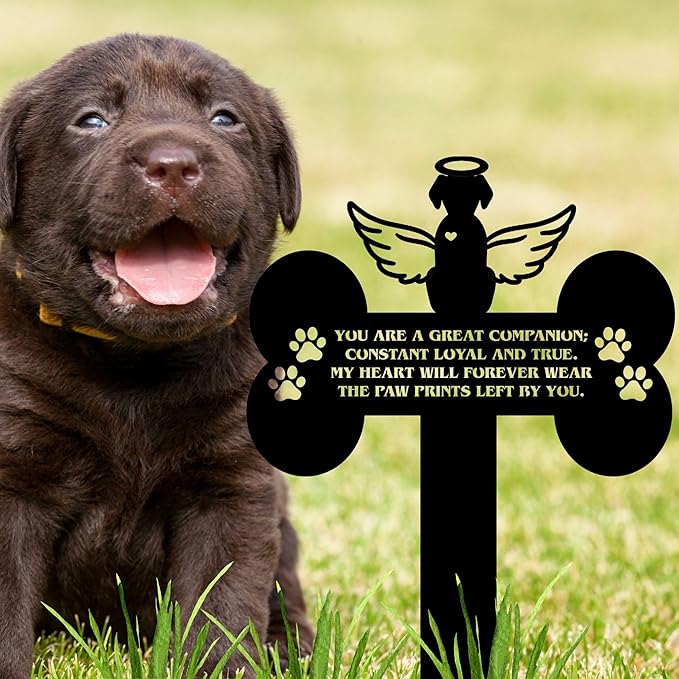 Dog Grave Marker Angel Cross – Pet Remembrance Gift for Loss of Dog, Weatherproof Metal Headstone for Yard, Garden or Indoor Memorial, 12in Sympathy Tribute Sign