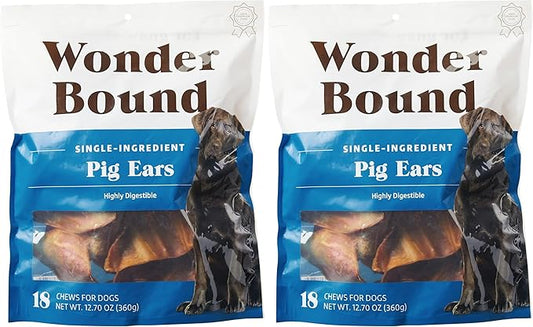 Amazon Brand - Wonder Bound Whole Pig Ears, Single Ingredient, Highly Digestible, Dog Treats for Puppy and Large/Medium Dogs, Pork, 18 Count, 12.7 Ounce (Pack of 2)