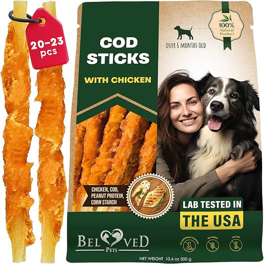 Beloved Pets Dog Treats Rawhide - Free Cod Sticks Chicken Wrapped 10.6 oz - All Natural & Grain Free Long Lasting Chews for Large & Small Dogs - Dried Pet Snacks - Support Healthy Teeth & Skin Coat