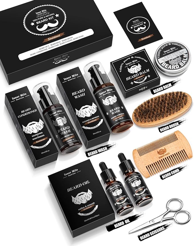 Beard Kit for Men Grooming & Care: with 2 Pack Beard Oils and Balm - Wash & Conditioner for After Shave Lotions Sandalwood, Brush and Comb Sets with Scissors, Valentines Fathers Gifts for Dad/Men/Him