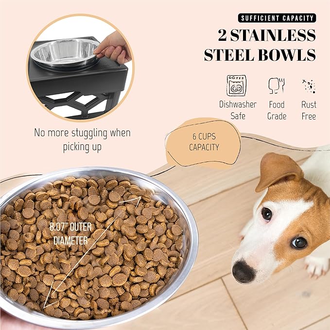 AVERYDAY Large Dog Bowls Elevated, 4 Height Adjustable Raised Dog Bowl Stand with 2 Stainless Steel Food and Water Bowls Set, Tall Dogs Feeding Station with Anti-Slip Base for Medium Large Breeds Dogs