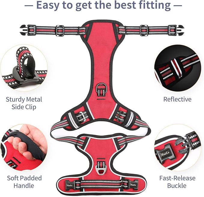 HEELE Dog Harness, No Pull Adjustable Padded Reflective Harness for Small Medium Large Dogs with Handle for Walking Training,Red, L
