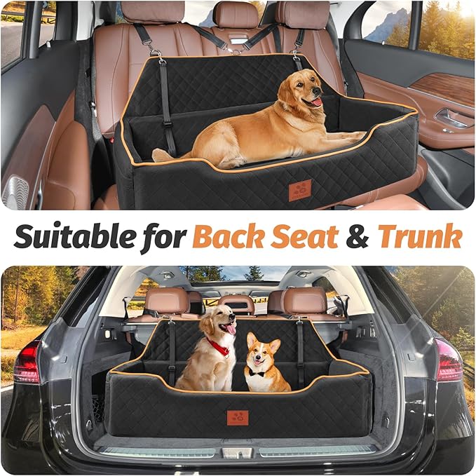 GL GLENSLAVE Dog Car Seat for Large/Medium Dogs, Comfortable Pet Car Booster for Back Seat, Fully Detachable & Washable Dog Travel Bed with Storage Pockets,2 Safety Belts