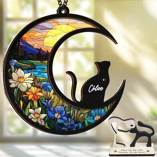 6'' DIY Cat on Moon Memorial Suncatcher, Personalized Name Cat Sympathy Ornament Window Hanging, Ideas Gift for Loss of Pet Passing Away, Remembrance Keepsake for Pet Lovers SCC-B11-6-03