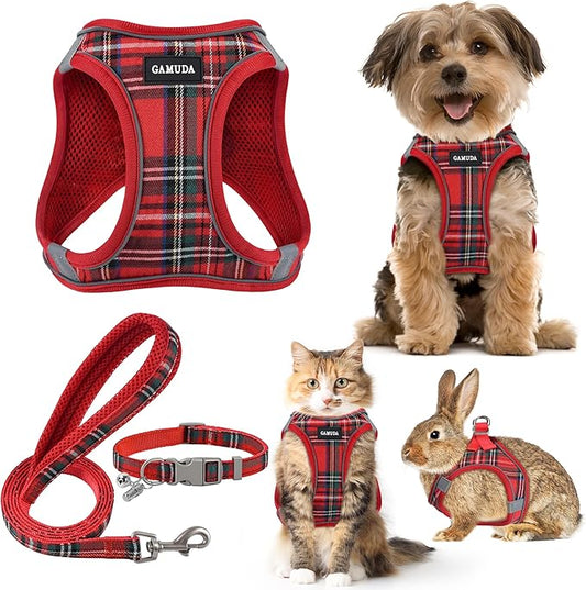 GAMUDA Small Dog Harness Collar and Leash Set, Step in No Chock No Pull Soft Mesh Adjustable Dog Vest Harnesses Plaid Reflective for Dogs Puppy Cats Kitten Rabbit (Red, S)