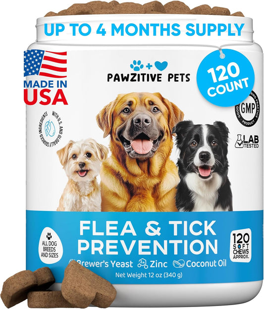 Chewable Flea and Tick Prevention for Dogs - 120 Soft Chews Made in USA - Oral Flea and Tick Control Pills for Small, Medium, Large Dogs and Puppies - Skin and Coat Supplement Treats for All Breeds