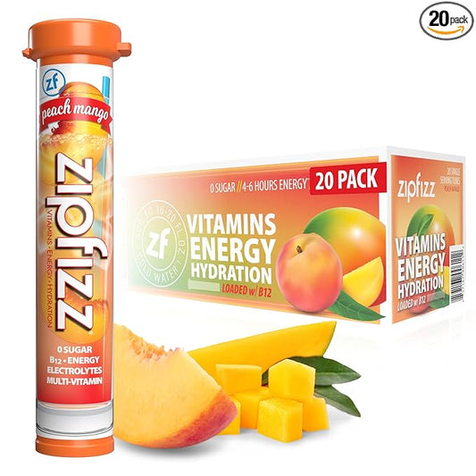 Zipfizz Daily Energy Drink Powder, Peach Mango, 20 Pack | 3-in-1 Sustained Energy, Rapid Hydration, and Essential Vitamins | Sugar-Free | Electrolyte Powder | Contains Vitamin B-12 & Antioxidants