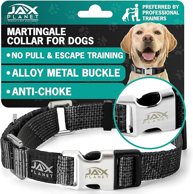 Black Martingale Collar for Dogs - Heavy Duty Nylon Pet Collars for Escape-Free, No Pull Training & Walking with Alloy Metal Release Buckle & Reflective D Ring, One Time Adjustment, Safe & Secure, M