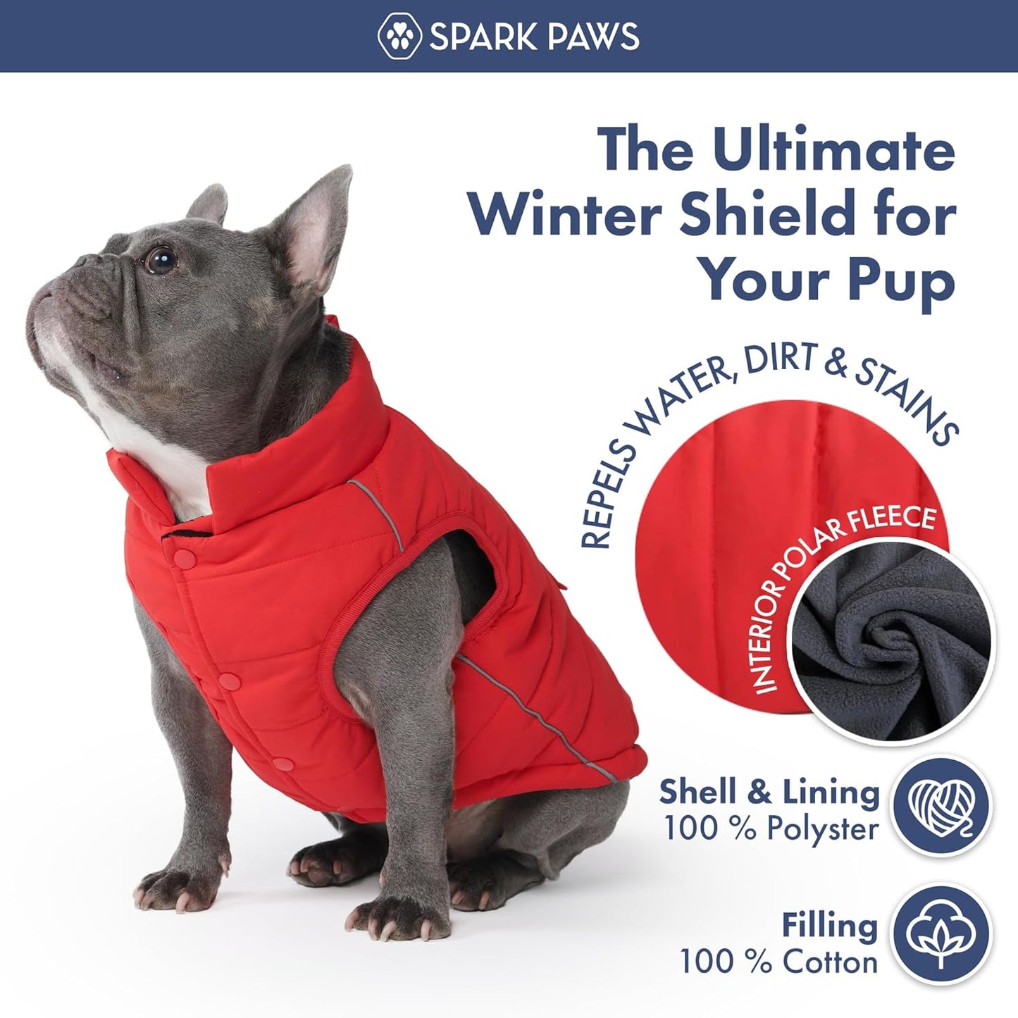 Spark Paws Dog Winter Jacket, Water-Resistant Coat, Warm Reflective Windproof Fleece-Interior, for Medium and Large Dogs - Red - 3XL