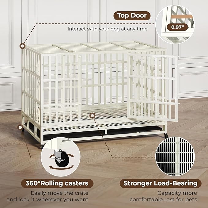 48 Inch Heavy Duty Dog Crate Steel Escape Proof, Indoor Double Door High Anxiety Cage Removable Tray, Extra Large,White