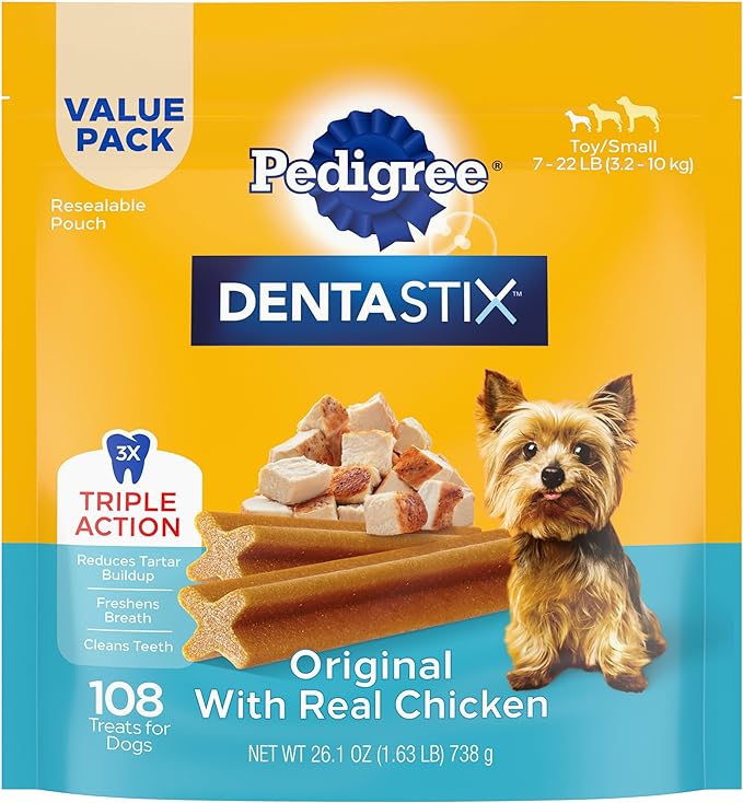 Pedigree Dentastix Small and Toy Breed Dog Treats, Original with Real Chicken, 1.63 lb. Bag (108 Treats)