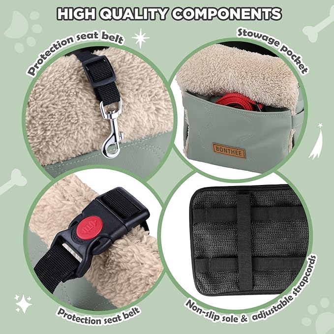 Center Console Dog Car Seat for Small Dogs,PU Leather Small Dog Car Booster Seat,Washable Foldable with Safe Protection Hooks Adjustable Straps and Storage Pocket Pet Up to 15lbs-Green