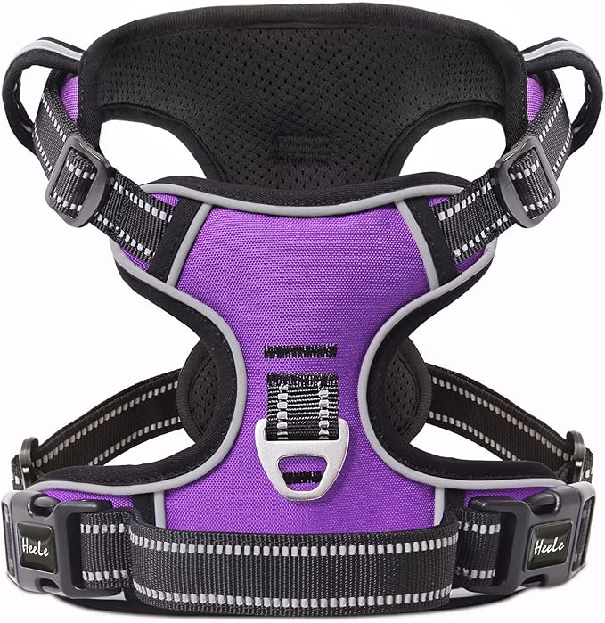 HEELE Dog Harness, No Pull Adjustable Padded Reflective Harness for Small Medium Large Dogs with Handle for Walking Training, Purple, XL