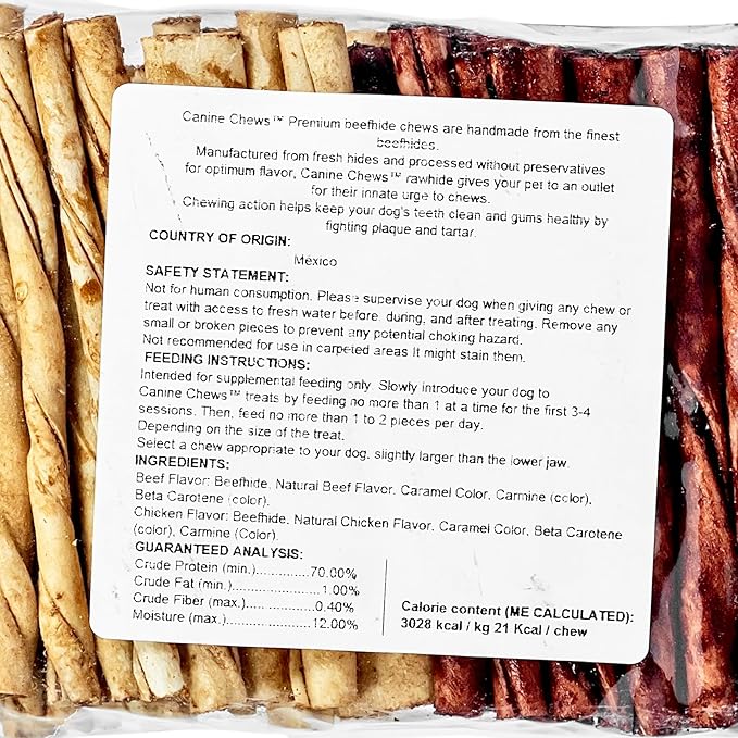 Canine Chews Beef & Chicken Basted Rawhide Twists - Dog Bones for Small Dogs - Rawhide Bones for Medium Dogs - Helps Promote Dental Health - 50 Beef & 50 Chicken Treats