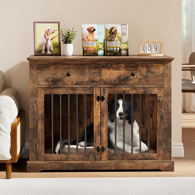 PUKAMI 44inch Dog Crate Furniture with Drawers,Wooden Dog Kennel Furniture for Large Breed,End Table Wood Dog House for Indoor use, for Small/Medium/Large Dog (Brown)