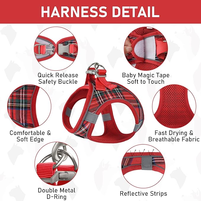 GAMUDA Small Dog Harness Collar and Leash Set, Step in No Chock No Pull Soft Mesh Adjustable Dog Vest Harnesses Plaid Reflective for Dogs Puppy Cats Kitten Rabbit (Red, XS)