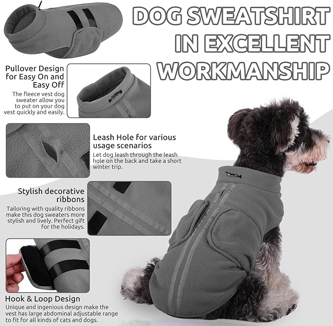 Queenmore XL Dog Sweaters, Soft Fleece Vest Pullover Dog Jacket with Leash Hole, Warm Winter Dogs Clothes Cold Weather Doggy Dachshund Sweater for Large Dogs Cats Boy or Girl (Grey, XL)