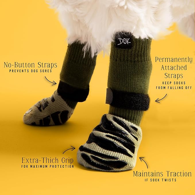 DOK TigerToes Premium Non-Slip Dog Socks for Hardwood Floors - Extra-Thick Grip That Works Even When Twisted - Prevents Licking, Slipping, and Great for Dog Paw Protection (Forest Green, XXL)