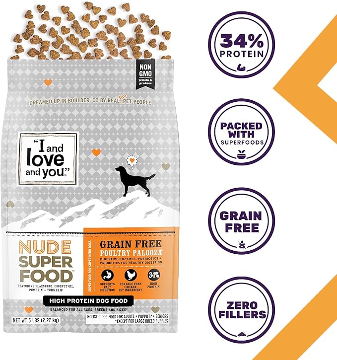 I and love and you Nude Super Food Dry Dog Food - Turkey + Chicken - Prebiotic + Probiotic, Grain Free, Real Meat, No Fillers, 5lb Bag