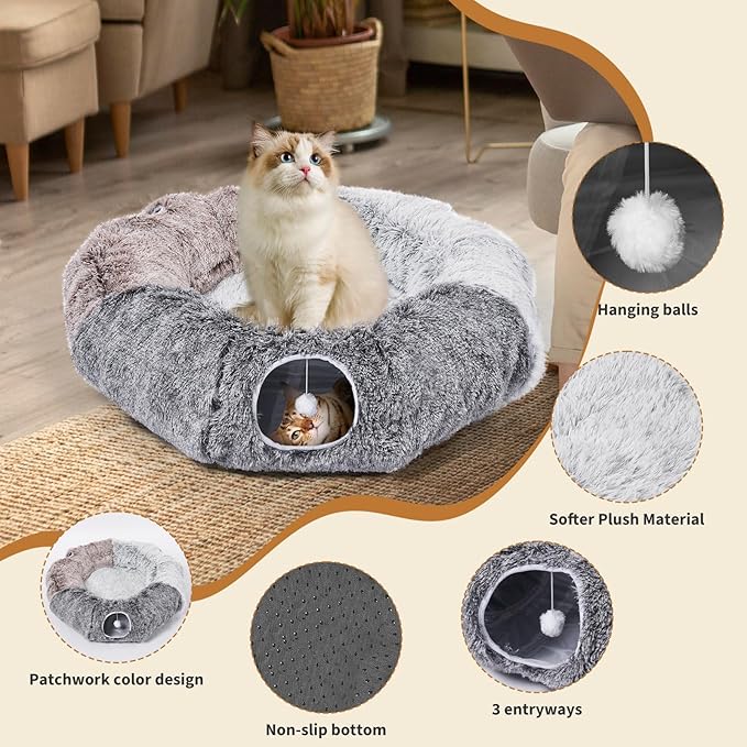 Odoland Large Cat Tunnel and Fluffy Bed - Indoor Detachable Cave With 20 Toys, Donut Tunnel and Variety Kitten Toy Set for Chewing and Playing