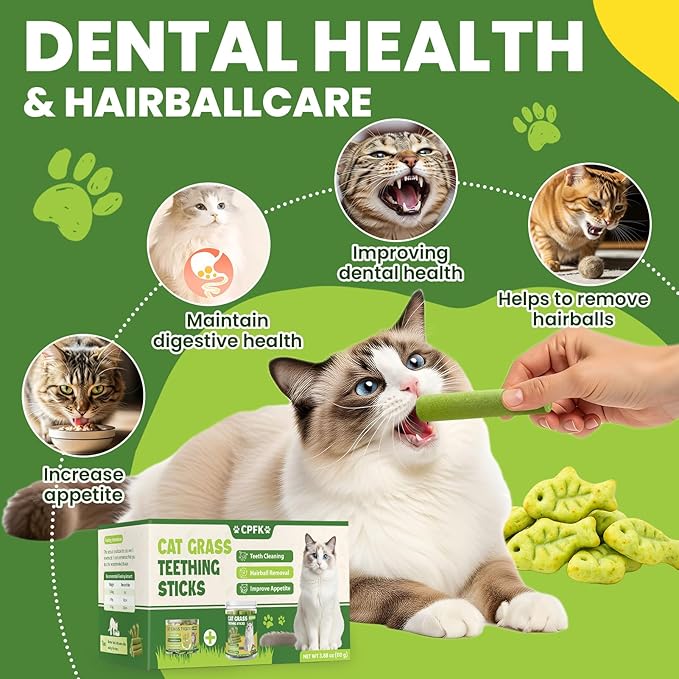 Cat Grass Sticks, 60 g Cat Grass Teething Stick and 50 g Cats Treats, Natural Dental Chews for Teeth Cleaning & Hairball Relief Teething Sticks for Indoor Cats Grain-Free