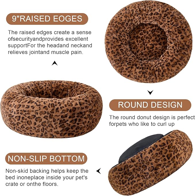 Dog Calming Beds for Small Medium Large Dogs - Round Donut Washable Puppy Dog Bed, Anti-Slip Faux Fur Fluffy Donut Cuddle Anxiety Cat Pet Bed (28" Leopard Print)