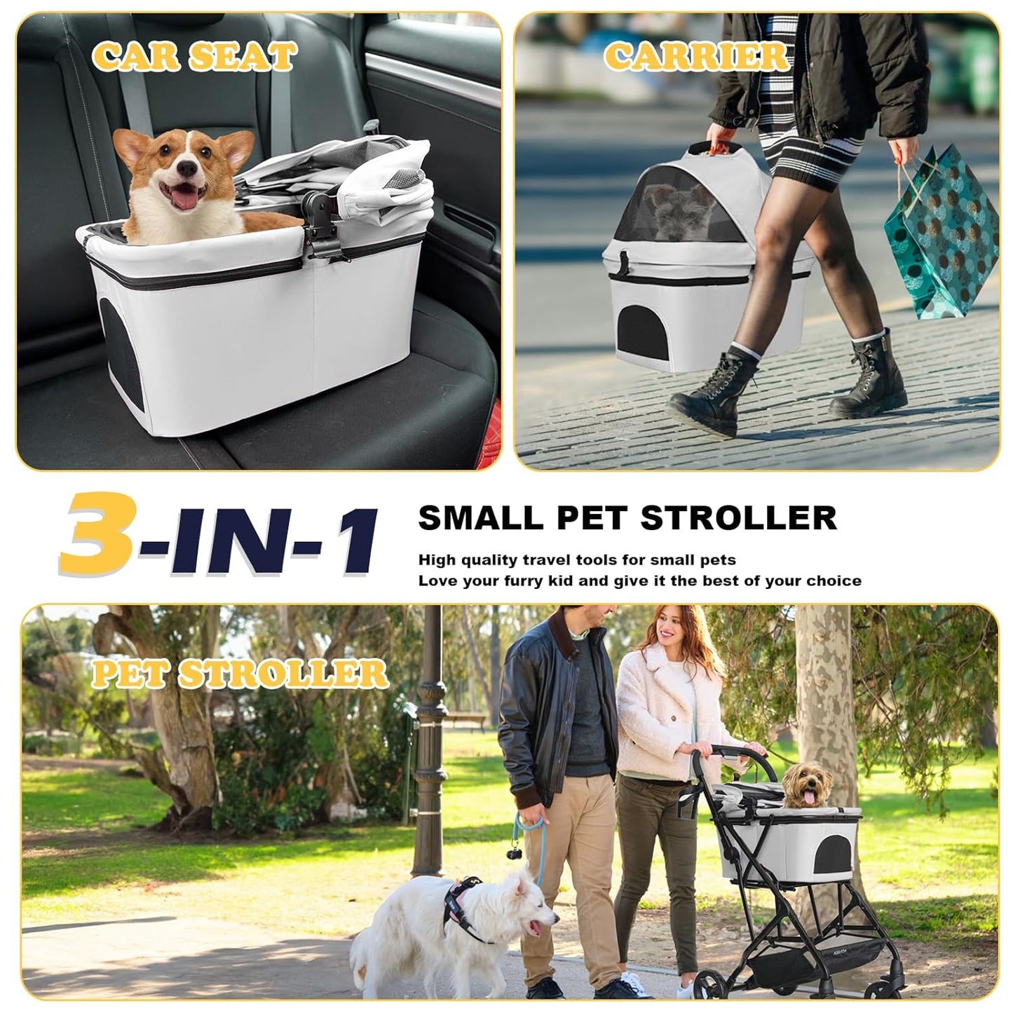 Dog Stroller for Small Dogs Cats Up to 33LBS, 3-in-1 Lightweight Foldable Pet Stroller with Removable Carrier, Storage Basket for Travel- Gray