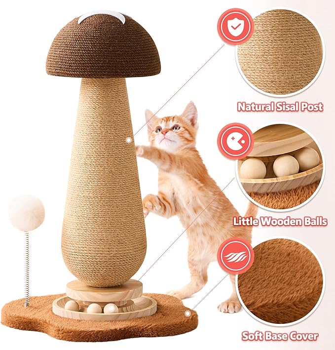 21.5‘’ H Cat Scratching Post with Catnip,Cute Mushroom Cat Scratcher Post with Durable Natural Solid Wood Turntable Toy,Acorn Brown Mushroom Shape Cat Toy Cat Sisal Scratcher for Indoor Cats