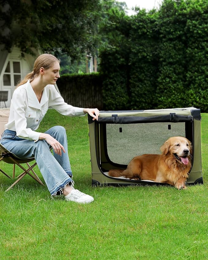 42 Inch Collapsible Travel Dog Crate for Medium Large Dogs, Portable Dog Crate 4-Door Foldable Soft Kennel with Durable Mesh Windows for Indoor & Outdoor Travel, with Storage Bag,Green