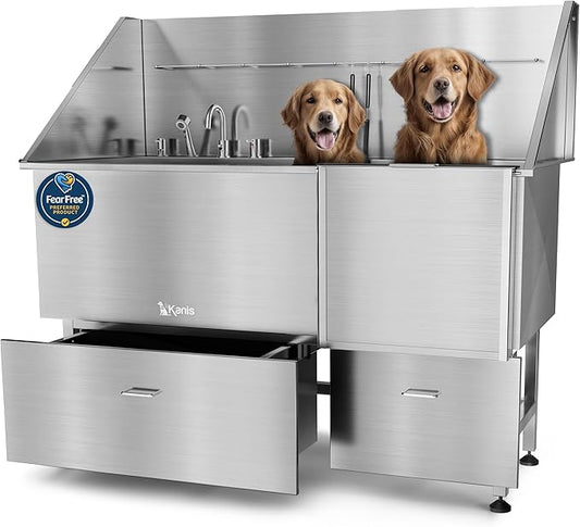 KANIS Professional Dog Washing Station - 304 Stainless Steel Pet Wash Sink & Grooming Bath Tub for Home with Ramp, Shower, Floor Grate, Storage Drawers, and Faucet for Large, Medium & Small Pets