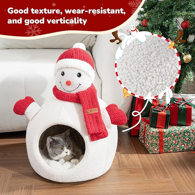 CATISM Christmas Cat Bed - Christmas Snowman Cat Bed for Indoor Cats, Cute Snowman Cat Beds with Warm Cushions Removable Cave with Non-Slip Cushioned Bottom for The Holidays